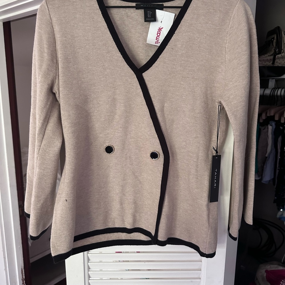 Tahari Beige Cardigan with Dark Edging